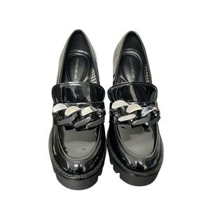 Antonio Melani Black Patent Chunky Lug Sole Loafers Chain‎ Link Heel Size 8M